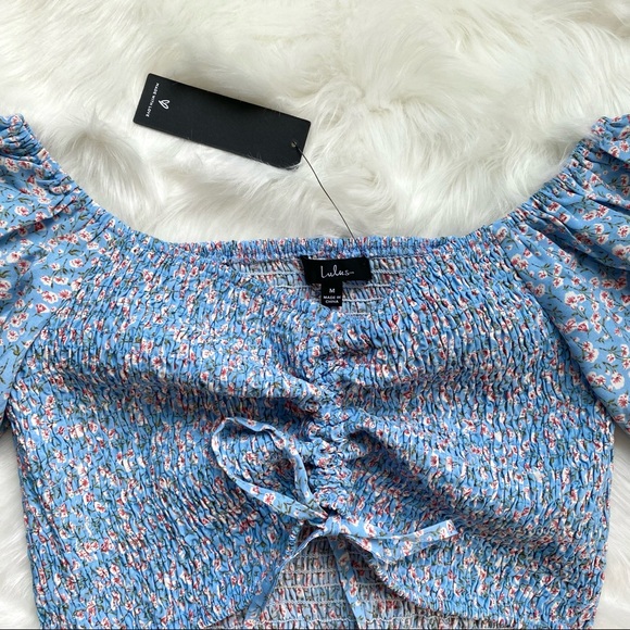 NWT Lulu’s Size M 2-Piece Smocked Blue Floral Crop Top with Bodycon Skirt - Picture 6 of 14